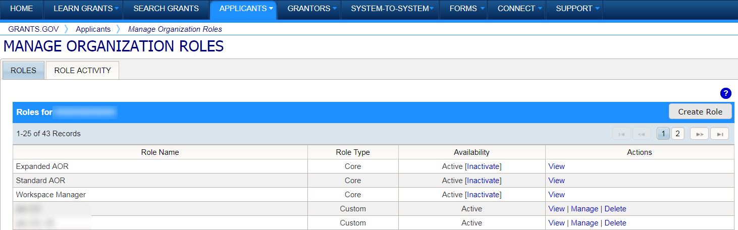 Manage Organization Roles page